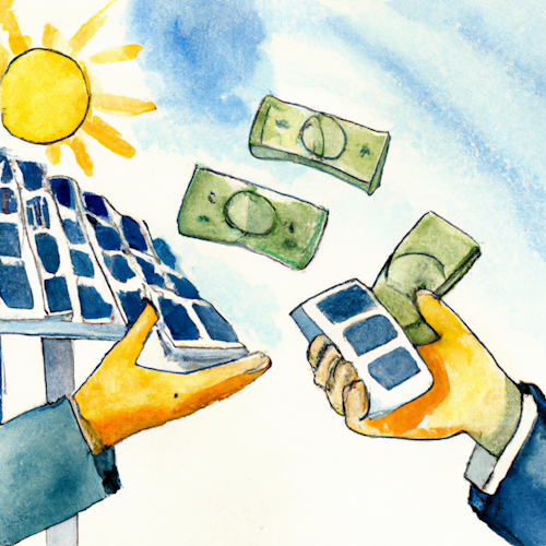 watercolor of a dollar exchanging for solar panel