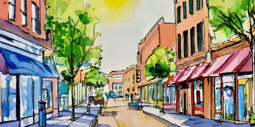 water color row of businesses