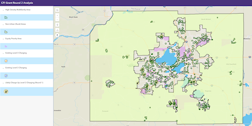Map showing priority areas as well as existing and planned EV infrastructure