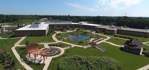 Aerial view of Edgerton Hospital including healing garden